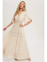 V-Neck Lace Trim Maxi Dress