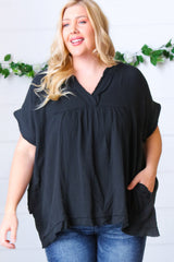 Black Cotton Banded V Neck Frayed Pocketed Top