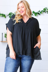 Black Cotton Banded V Neck Frayed Pocketed Top
