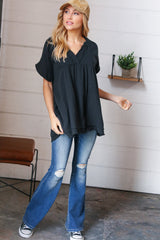 Black Cotton Banded V Neck Frayed Pocketed Top