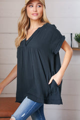 Black Cotton Banded V Neck Frayed Pocketed Top