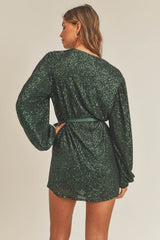 Sequin Long Sleeve Wrap Dress