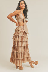 Tie Front Top and Ruffle Maxi Skirt Set