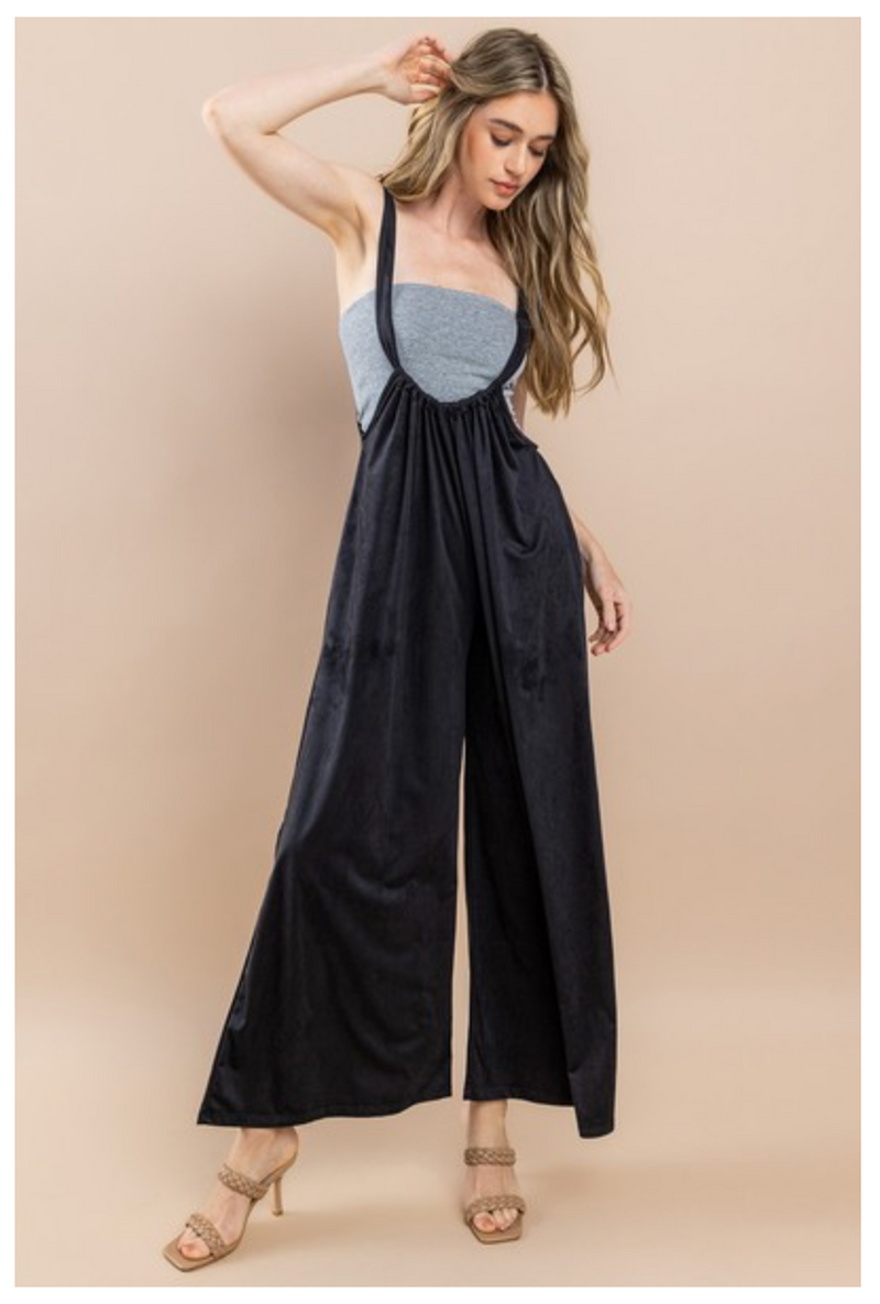 Vanilla Bay Solid suede oversized suspender jumpsuit with pockets