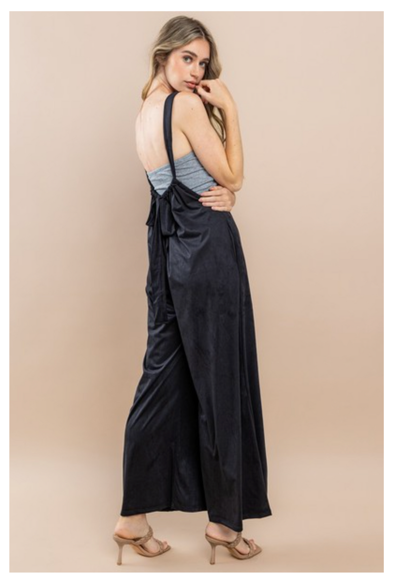 Vanilla Bay Solid suede oversized suspender jumpsuit with pockets