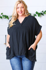 Black Cotton Banded V Neck Frayed Pocketed Top