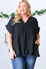 Black Cotton Banded V Neck Frayed Pocketed Top