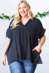 Black Cotton Banded V Neck Frayed Pocketed Top