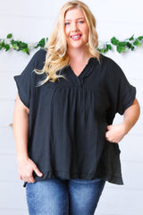 Black Cotton Banded V Neck Frayed Pocketed Top