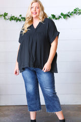 Black Cotton Banded V Neck Frayed Pocketed Top