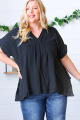 Black Cotton Banded V Neck Frayed Pocketed Top