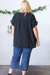 Black Cotton Banded V Neck Frayed Pocketed Top