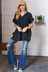 Black Cotton Banded V Neck Frayed Pocketed Top
