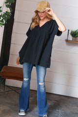 Black Cotton Banded V Neck Frayed Pocketed Top
