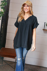 Black Cotton Banded V Neck Frayed Pocketed Top