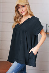 Black Cotton Banded V Neck Frayed Pocketed Top