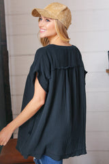 Black Cotton Banded V Neck Frayed Pocketed Top