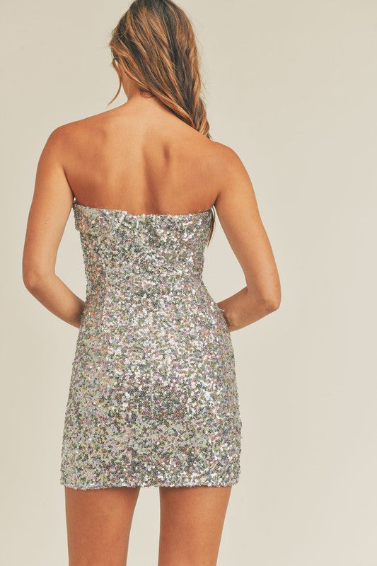 silver sequin tube dress Strapless Knit Sequin Dress in Silver