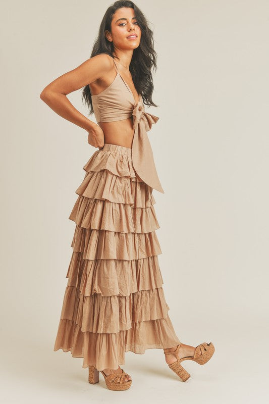 Tie Front Top and Ruffle Maxi Skirt Set