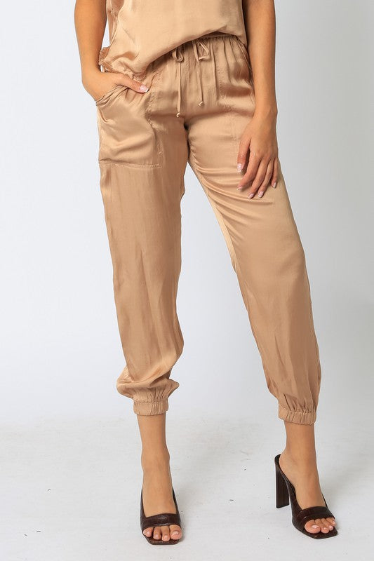 Olivaceous Satin Pants In Hazelnut